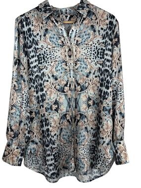 Chico’s Blue Baroque Scroll Animal Print Silky Button Blouse Size 1 (8/10)